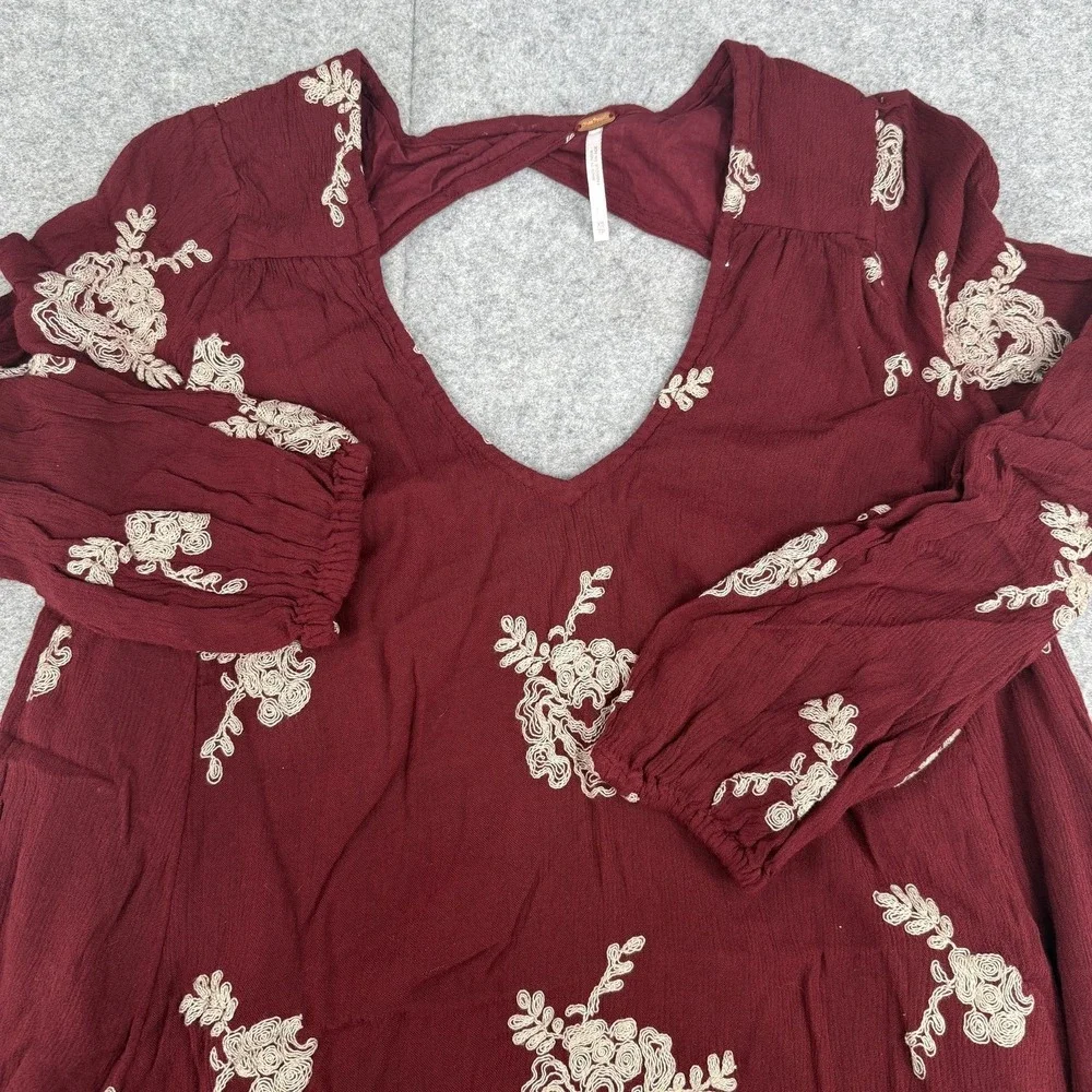 Free People Emma Austin Embroidered Tunic Swing Dress XS Maroon Floral Boho MIni